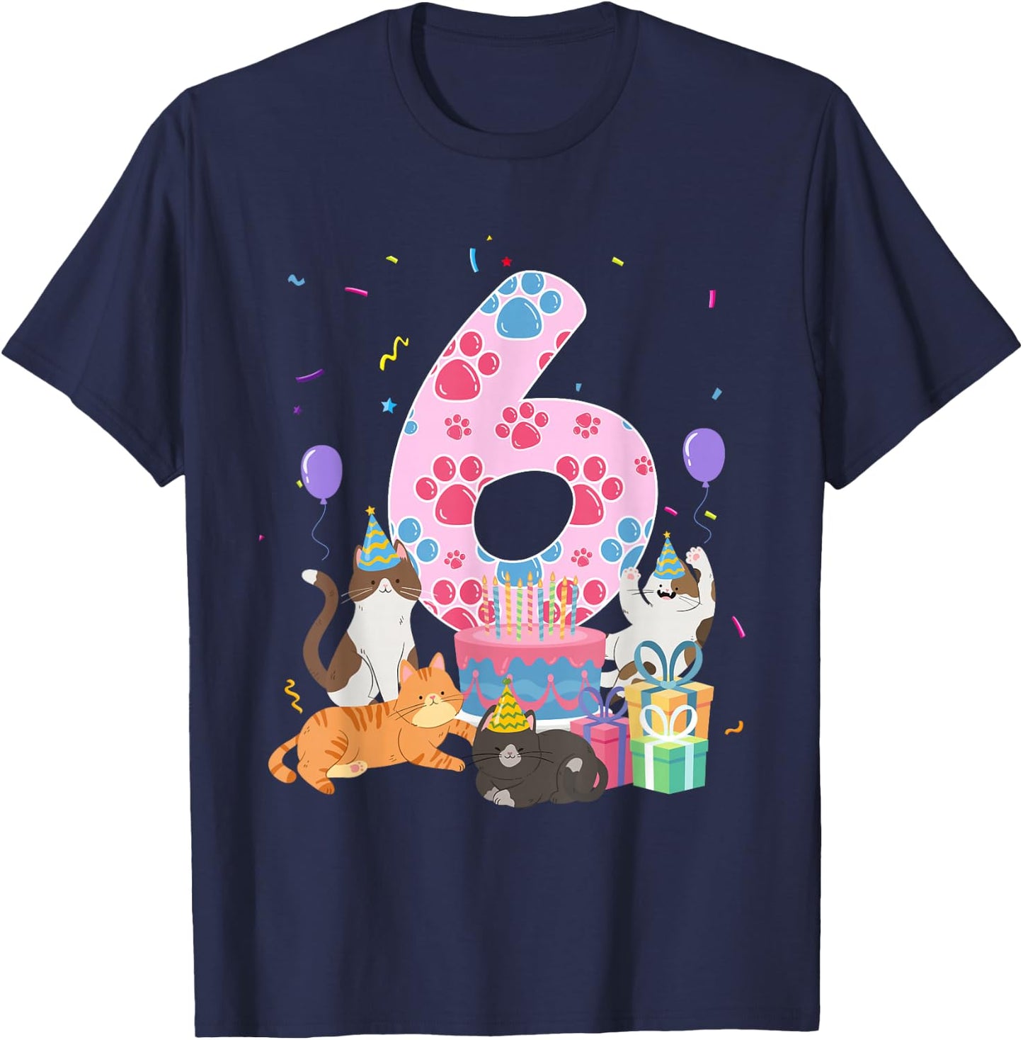 6th Birthday Cat 6 Year Old Birthday Cat Lover Party T-Shirt - T-Shirt | Navy