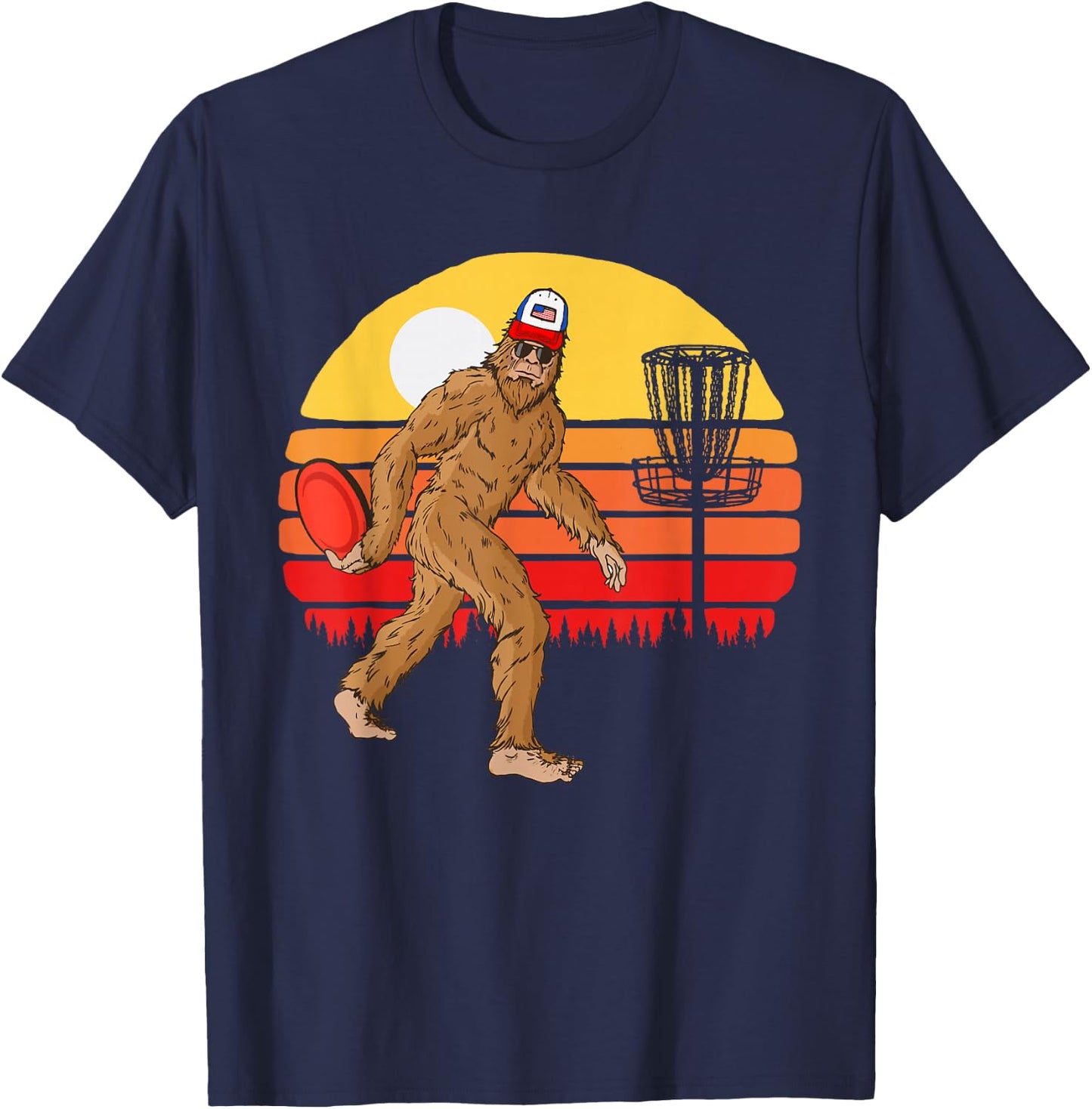 Retro Disc Golf Bigfoot Vintage Discus Sasquatch 80s Sunset T-Shirt - T-Shirt | Navy