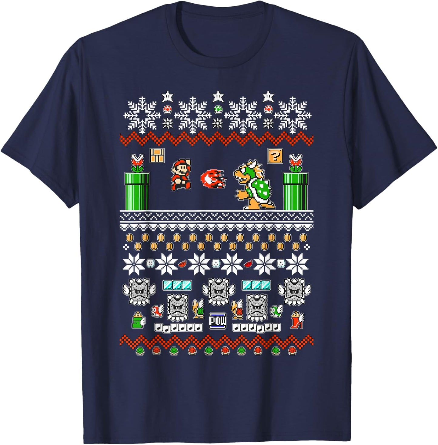 Super Mario and Bowser Game Play Ugly Christmas Design T-Shirt - T-Shirt | Navy