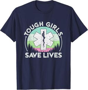 Tough Girls Save Lives EMT Women Vintage Paramedic T-Shirt - T-Shirt | Navy