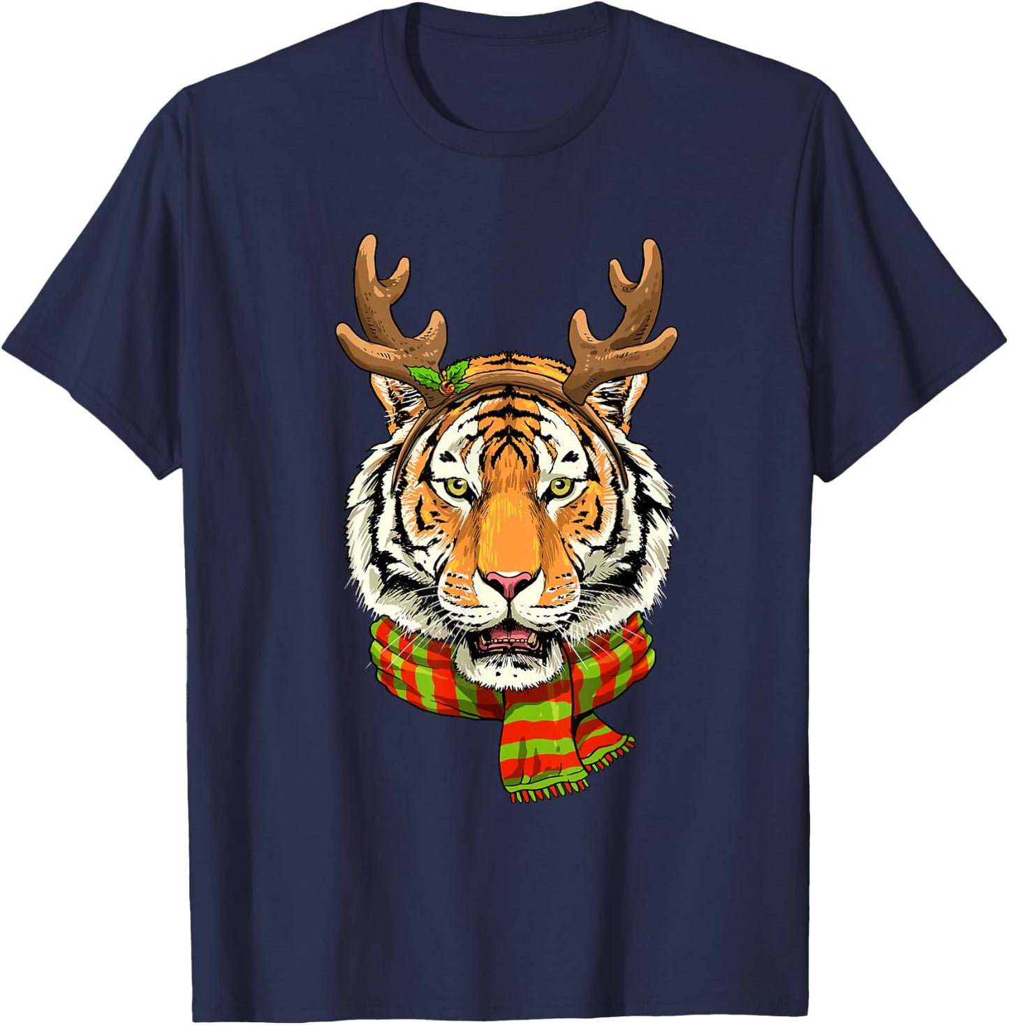 Tiger Reindeer Christmas Shirt Animal With Antlers Xmas T-Shirt - T-Shirt | Navy