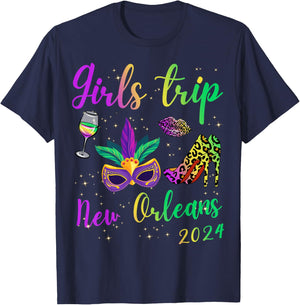 Girls Trip New Orleans 2024 Mardi Gras Mask Beads Matching T-Shirt - T-Shirt | Navy