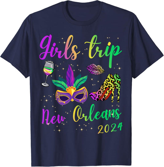 Girls Trip New Orleans 2024 Mardi Gras Mask Beads Matching T-Shirt - T-Shirt | Navy