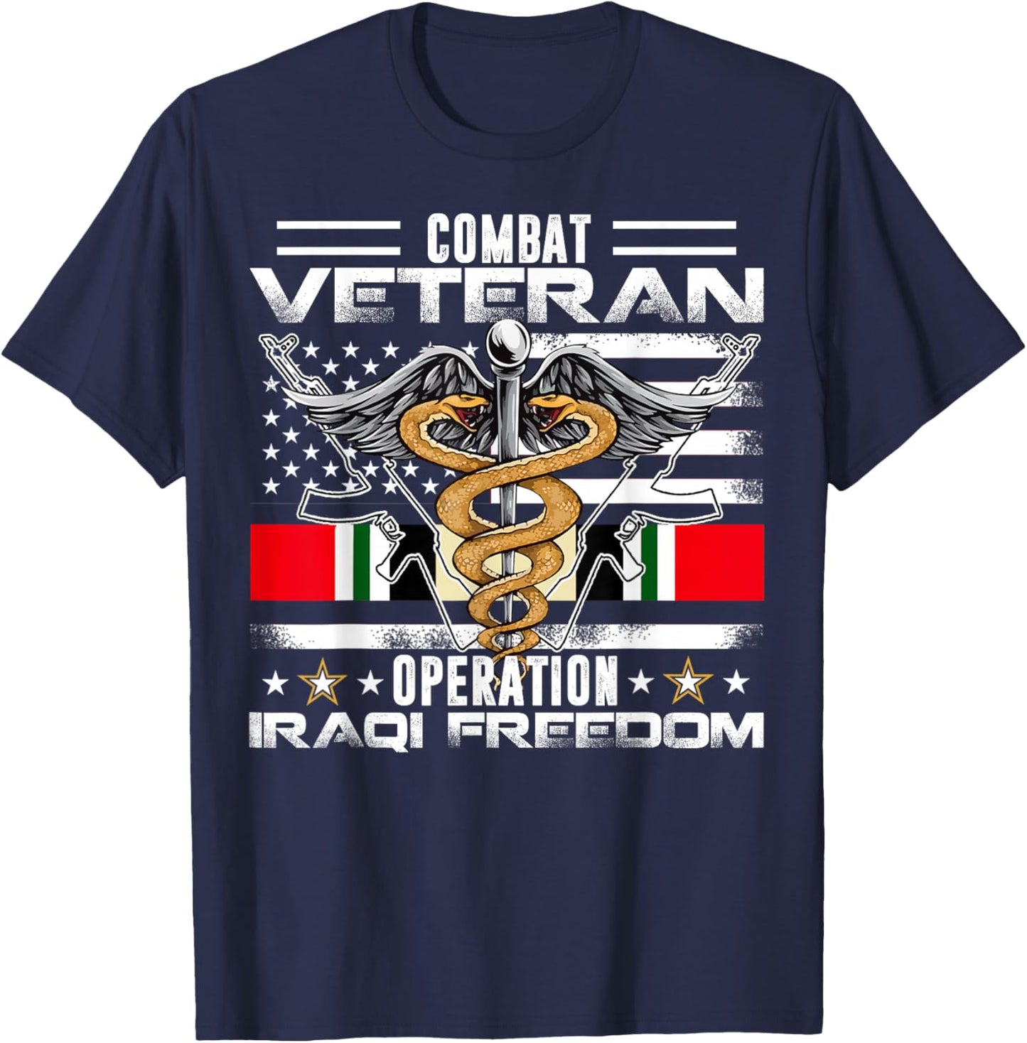Proud Combat Veteran Iraqi Freedom Military US American Flag Women Kids Men T-Shirt - T-Shirt | Navy
