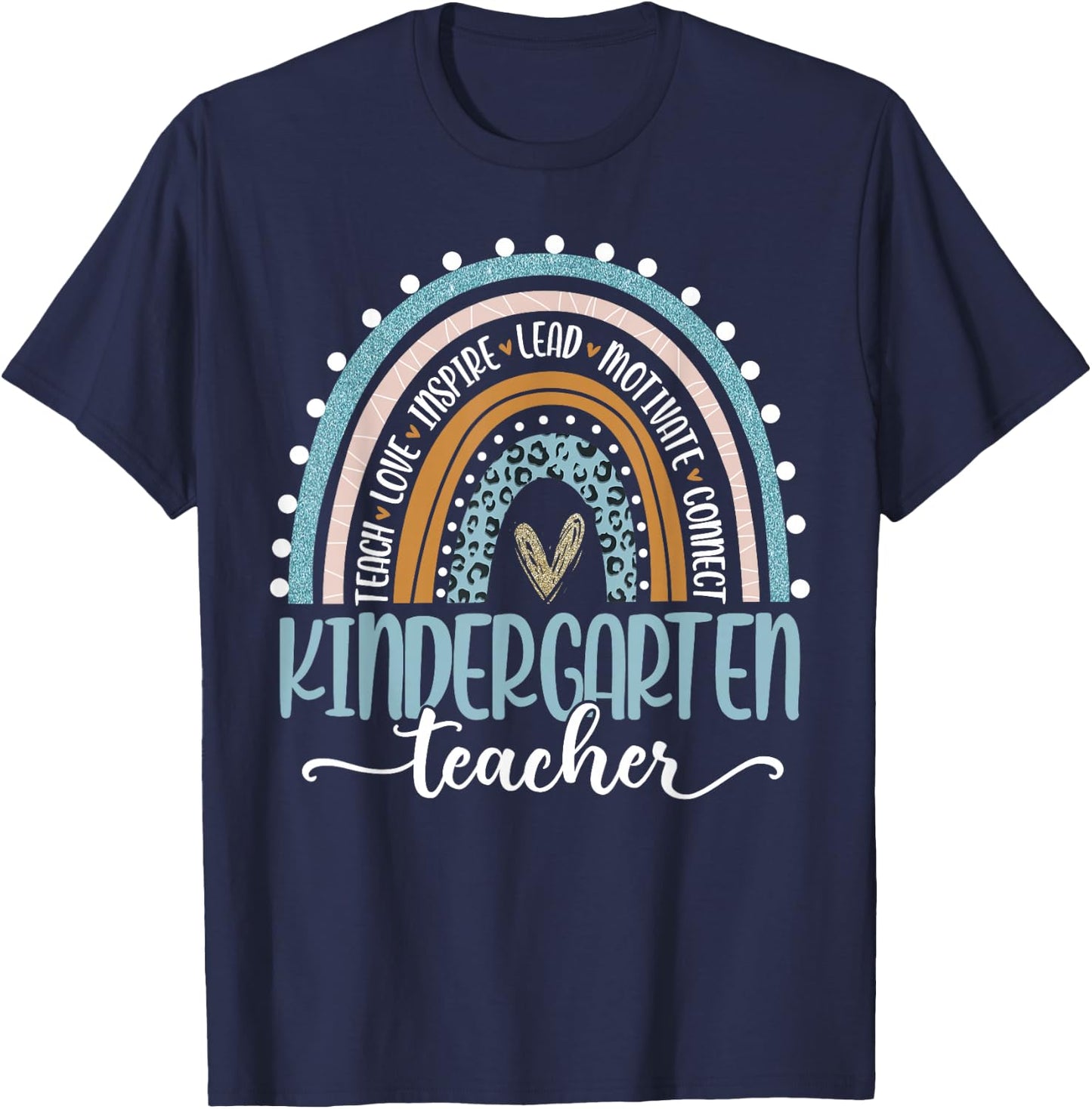 Kindergarten Teacher Leopard Boho Rainbow Back to School T-Shirt - T-Shirt | Navy