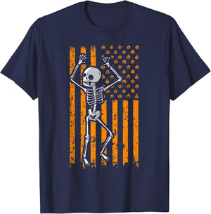 Scary Skeleton Skull Pumpkin American Flag Halloween Kids Men T-Shirt - T-Shirt | Navy