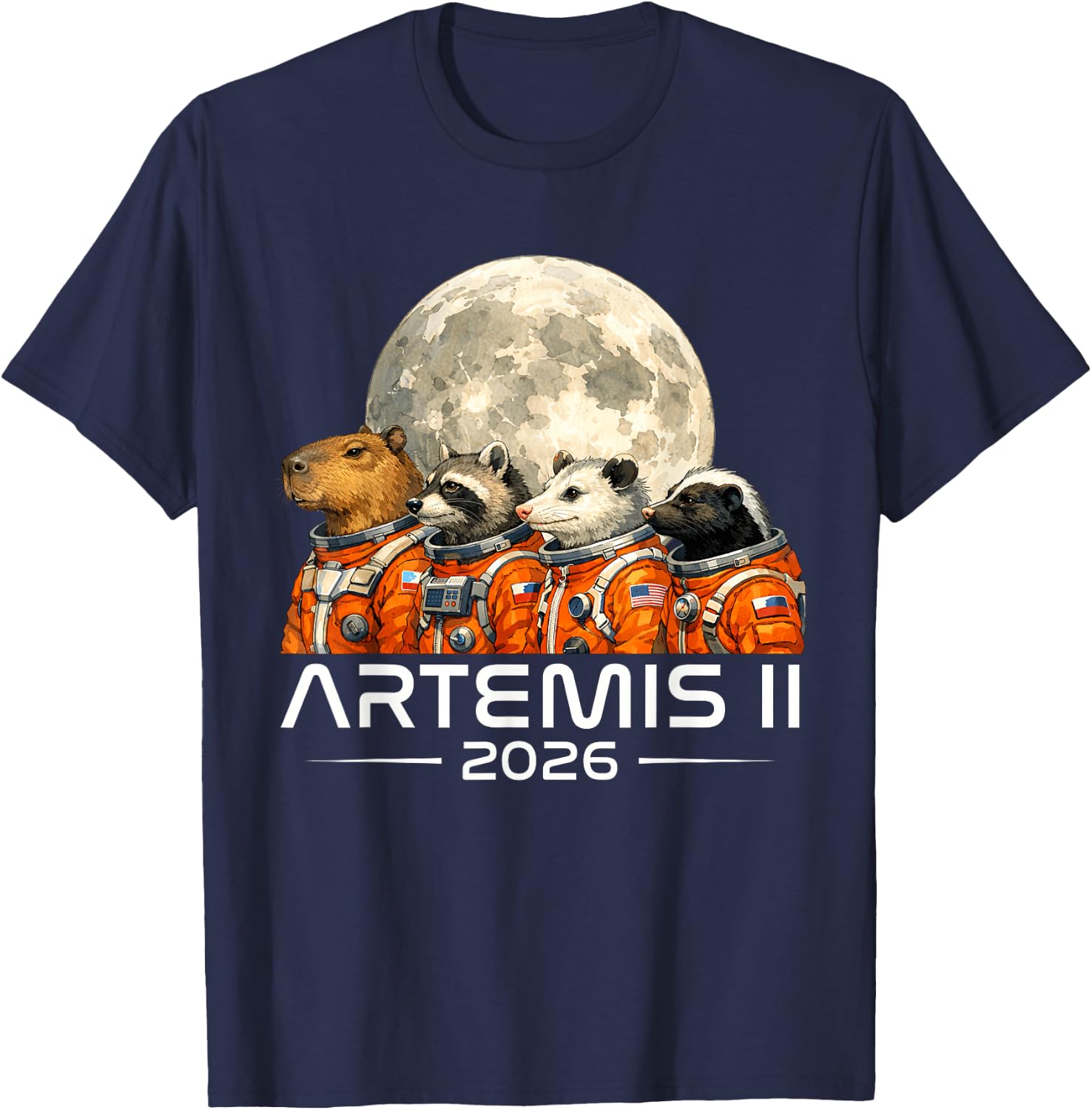 Artemis 2 Crew Funny Animals Mission to Moon 2026 Spacecraft T-Shirt - T-Shirt | Navy