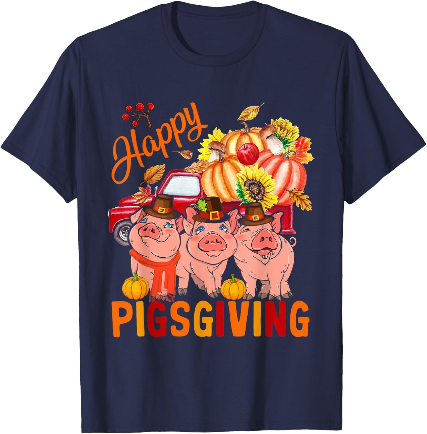 Happy Pigsgiving Three Pigs Pickup Truck Carrying Pumpkins T-Shirt - T-Shirt | Navy
