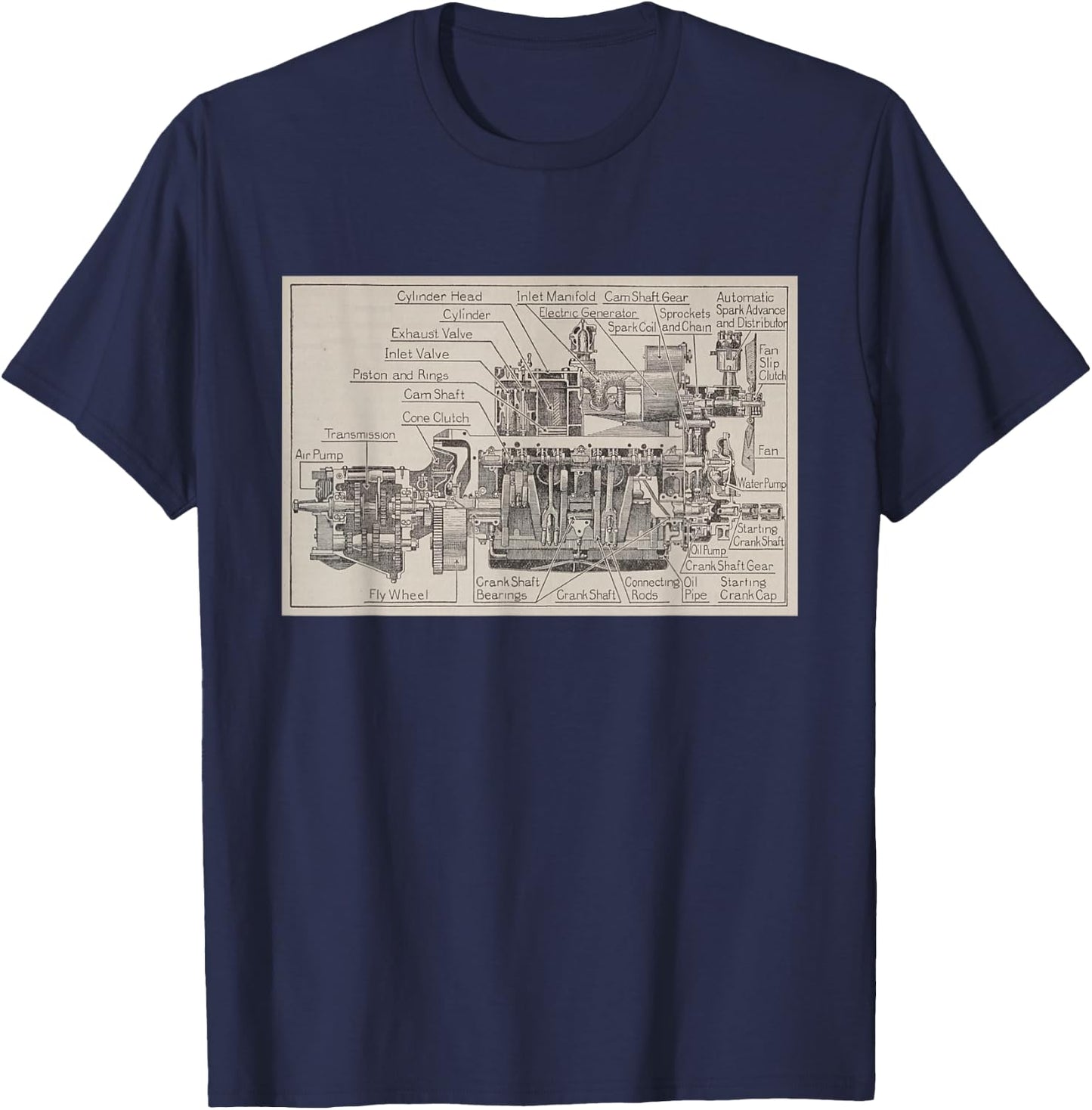 Early Automobile Engine & Transmission Diagram T-Shirt - T-Shirt | Navy