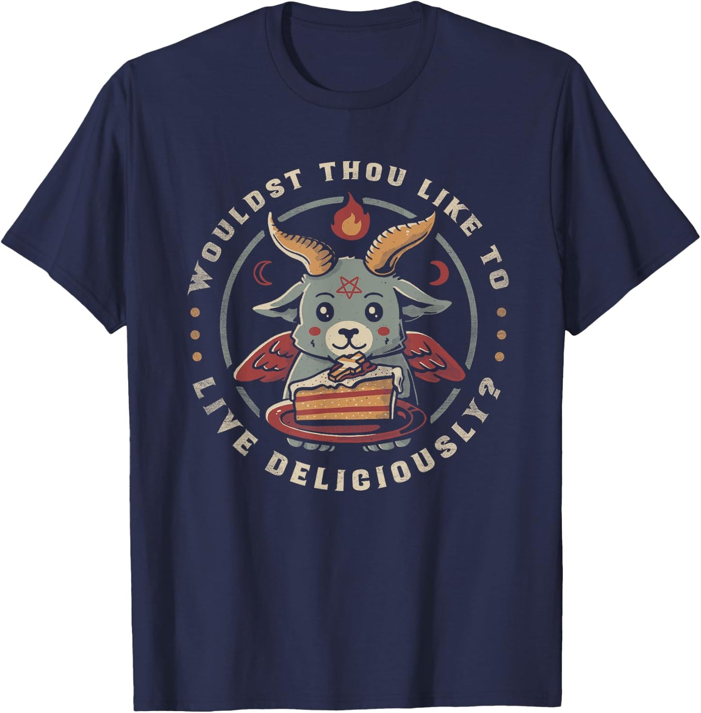 Live Deliciously Cute Goat Satan Devil Foodie Funny Baphomet T-Shirt - T-Shirt | Navy