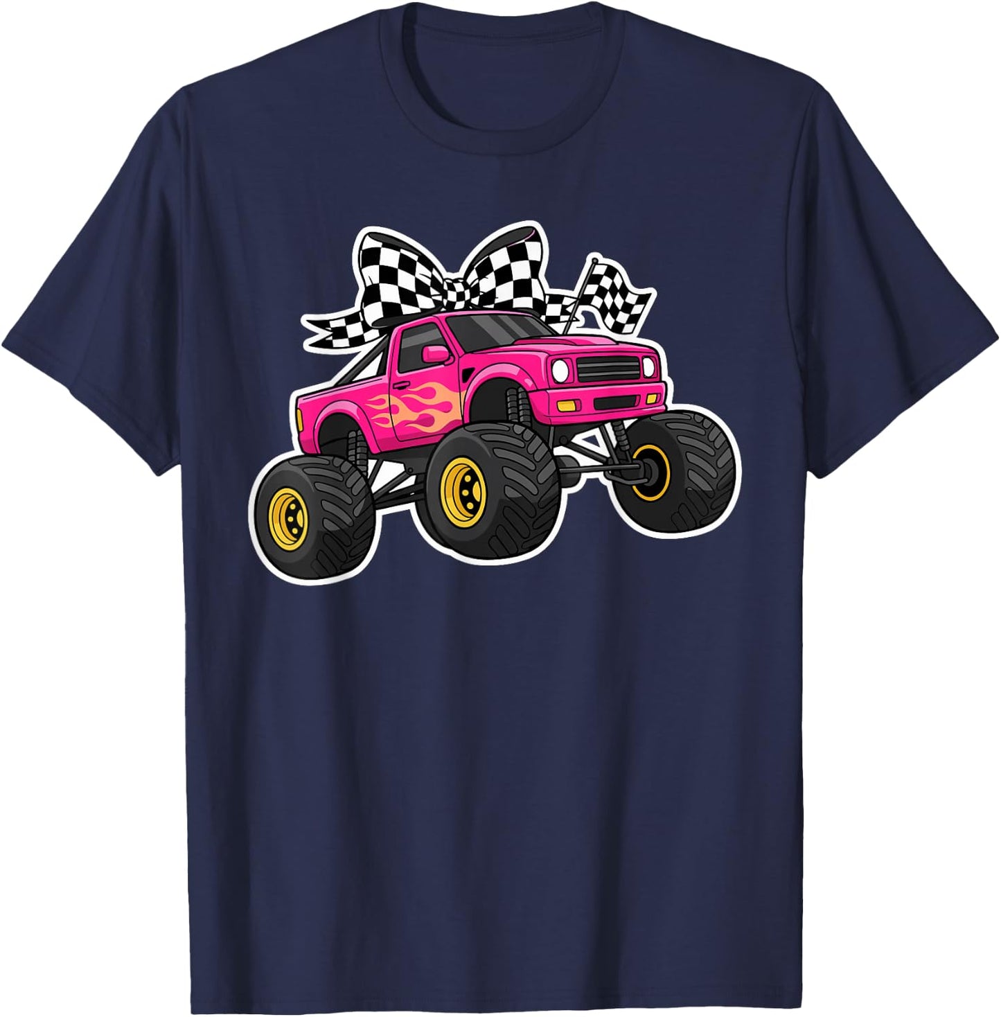 Pink Monster Truck Bow Shirt Women, Cute Girls Truck Lover T-Shirt - T-Shirt | Navy