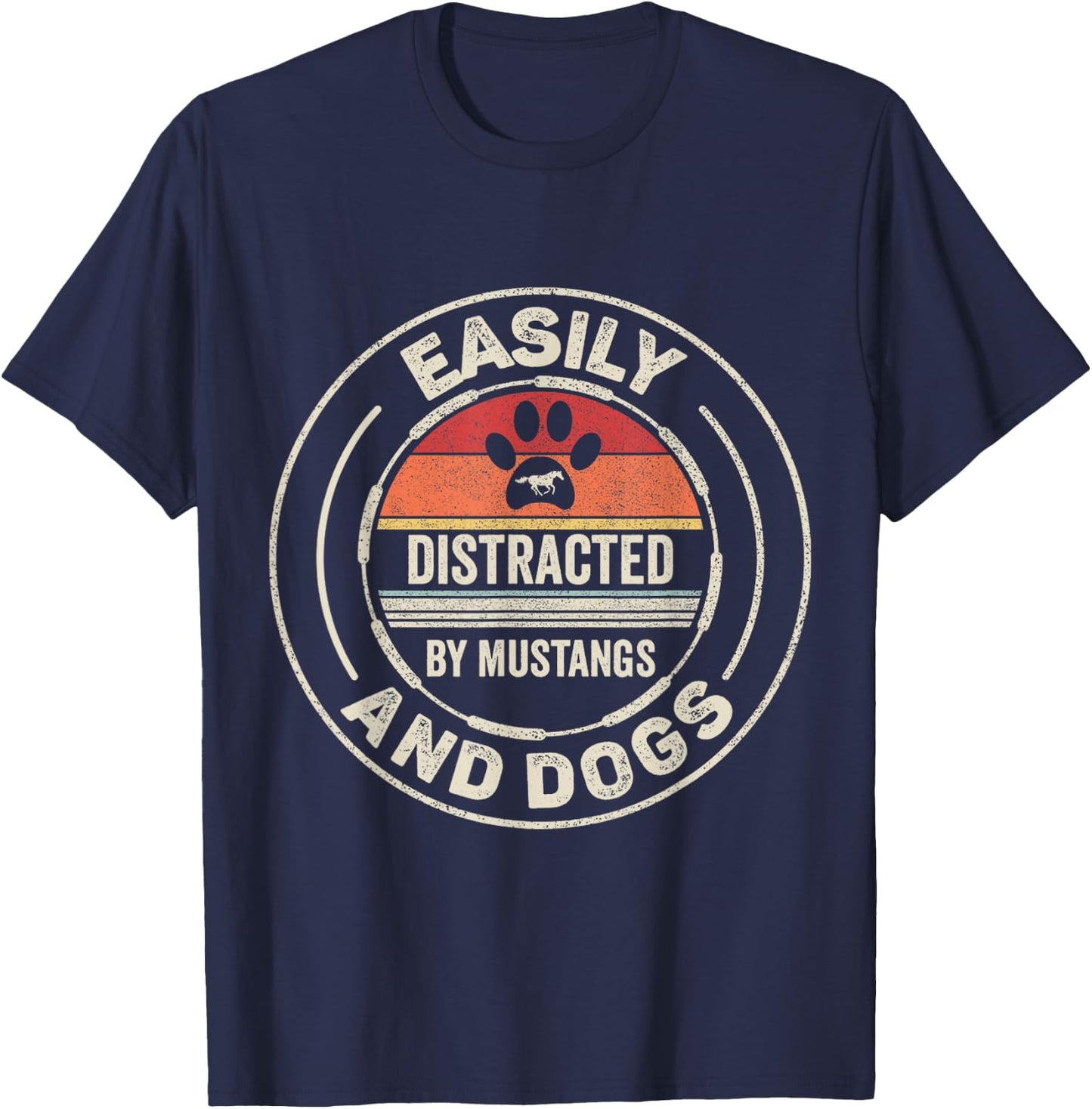 Catch Some Rays Retro Vintage Easily Distracted By Mustangs And Dogs Adult Black Short Sleeve Classic Fit Collarless T-Shirt - T-Shirt | Navy