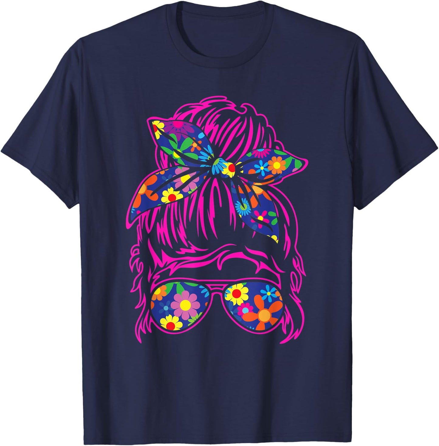 Messy Hair Bun with Bandana Ribbon and Sunglasses Design T-Shirt - T-Shirt | Navy