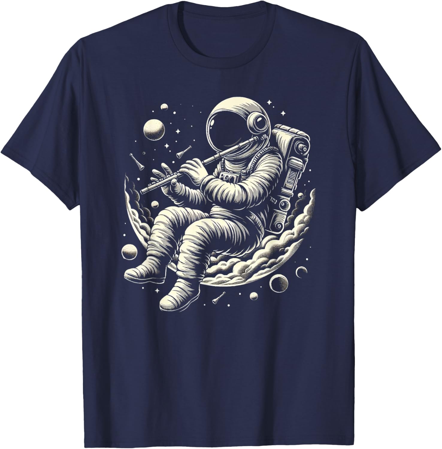 Astronaut Playing Flute Musician Music Lover Flute Player T-Shirt - T-Shirt | Navy