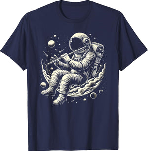 Astronaut Playing Flute Musician Music Lover Flute Player T-Shirt - T-Shirt | Navy