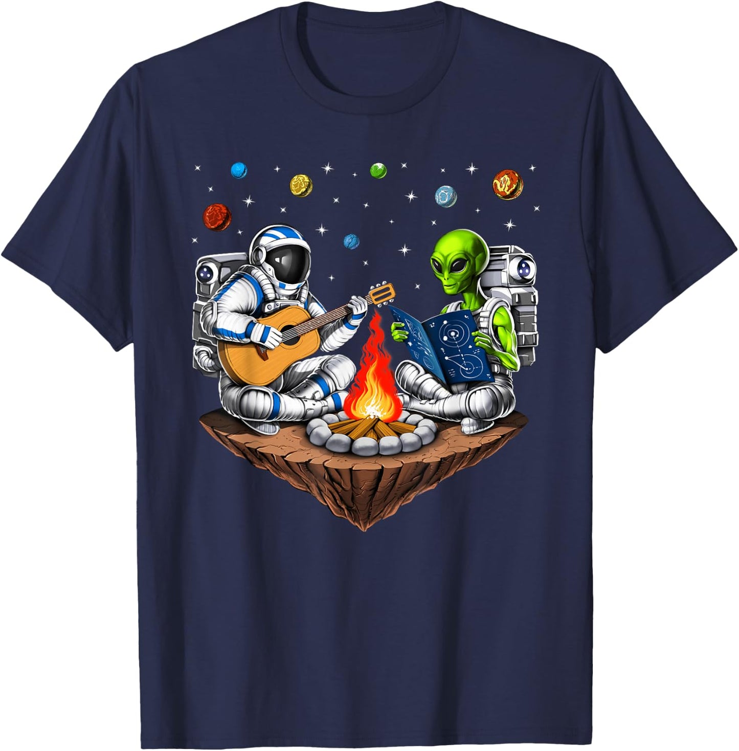 Space Alien Astronaut Camping Campfire Extraterrestrial T-Shirt - T-Shirt | Navy