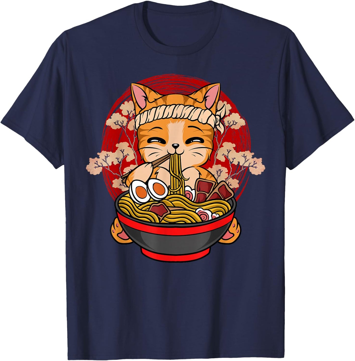 Kawaii Anime Cat Eating Ramen Japanese Noodles Funny Anime T-Shirt - T-Shirt | Navy