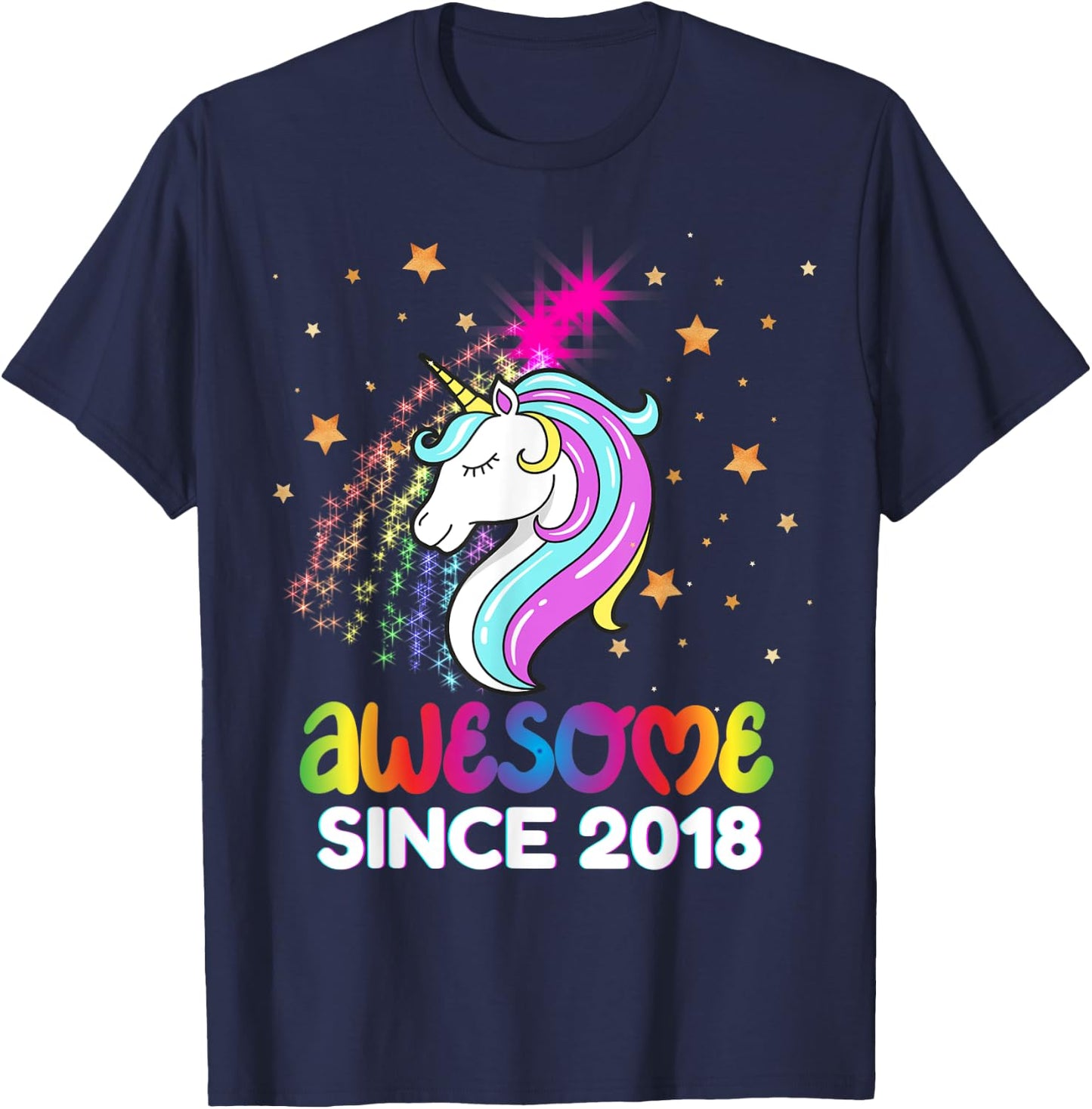 Fifth 6th Birthday Awesome Since 2018 Rainbows and Unicorn T-Shirt - T-Shirt | Navy
