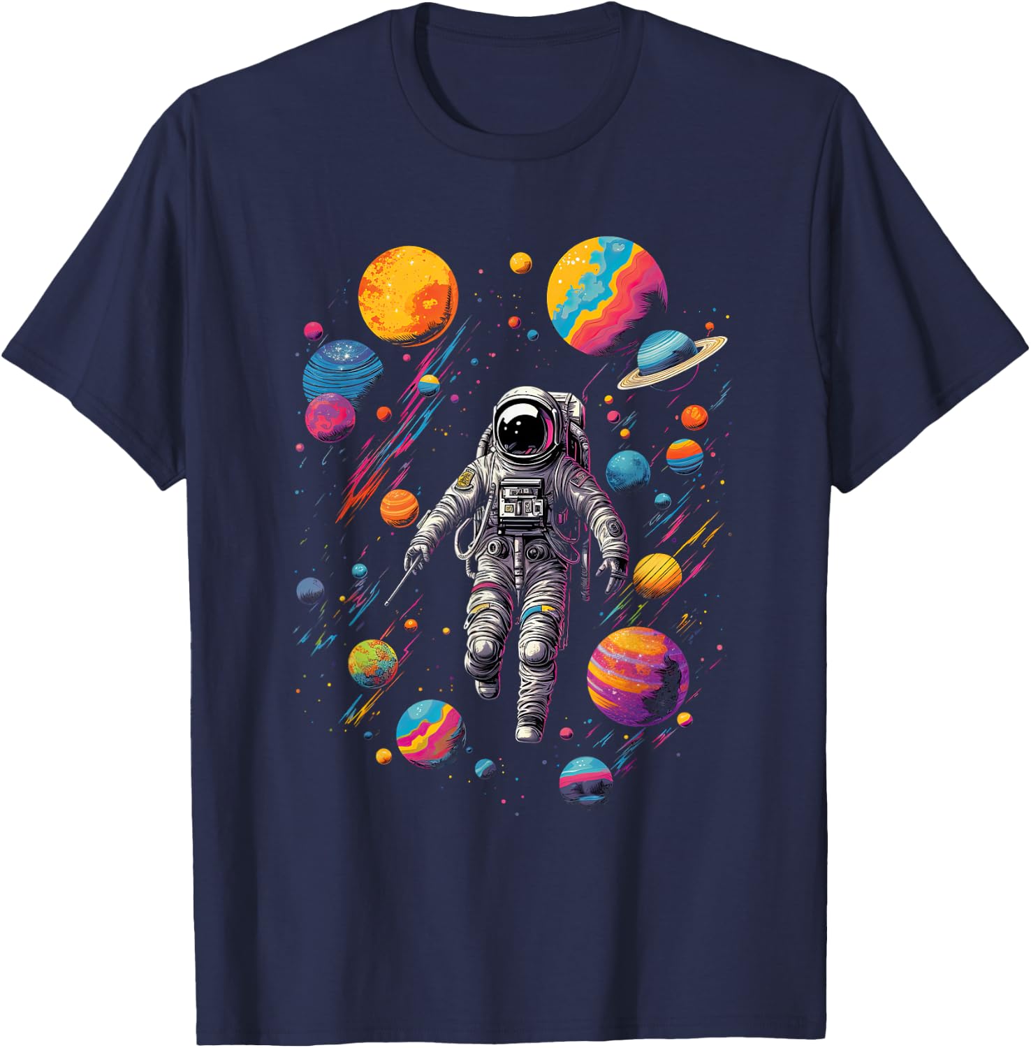 Astronaut in Space with Planets in Galaxies T-Shirt - T-Shirt | Navy