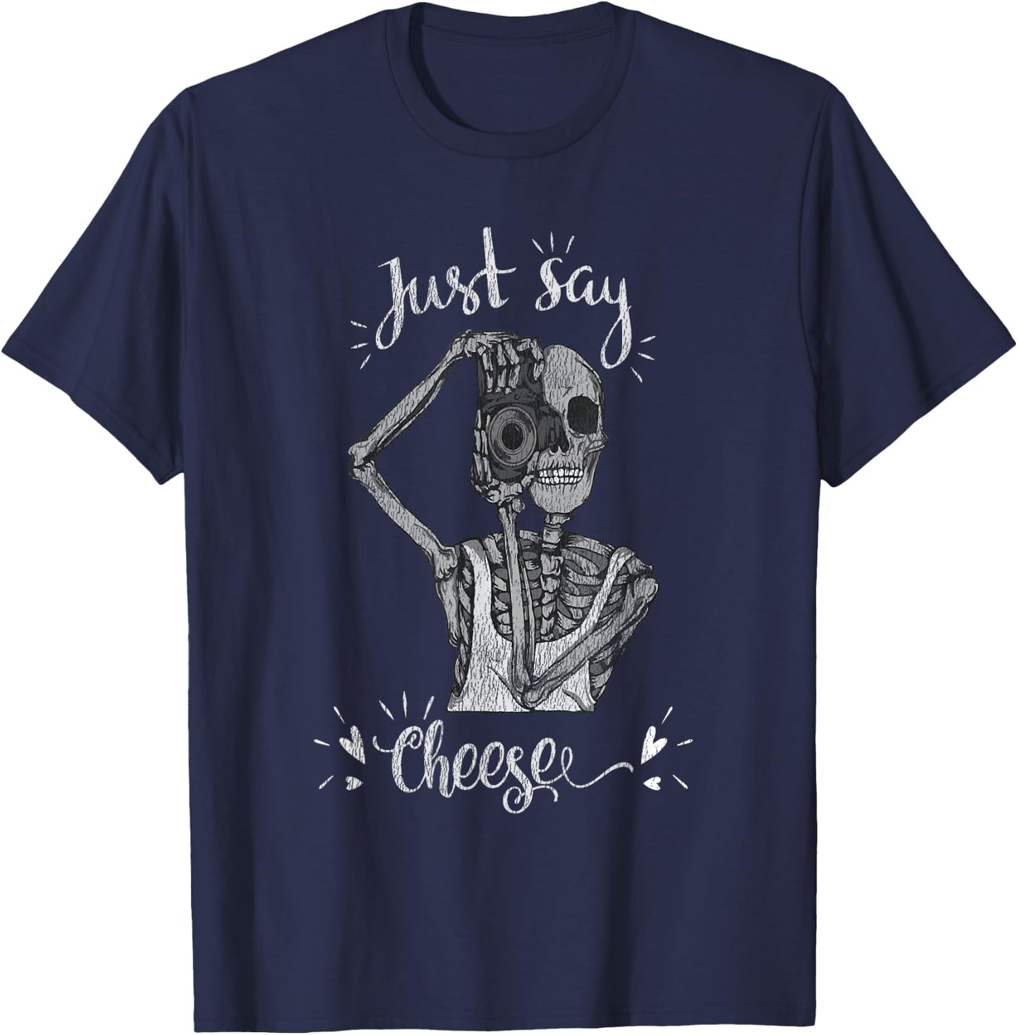 Just Say Cheese Skeleton Photographer Camera Distressed T-Shirt - T-Shirt | Navy