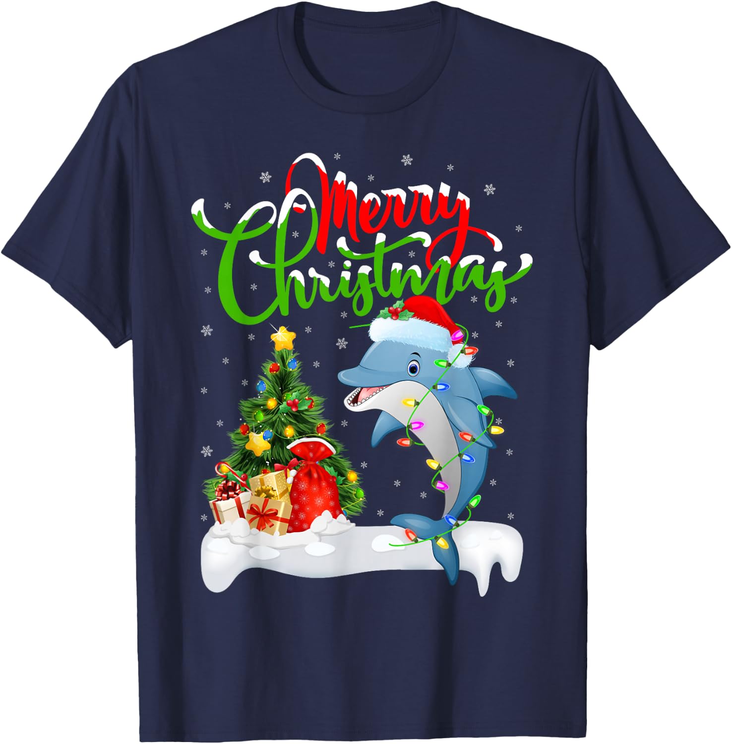 Funny Dolphin Fish Lover Xmas Lighting Dolphin Christmas T-Shirt - T-Shirt | Navy