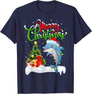 Funny Dolphin Fish Lover Xmas Lighting Dolphin Christmas T-Shirt - T-Shirt | Navy