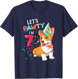 7th Birthday Corgi 7 Years Old Let's Pawty I'm 7 T-Shirt - T-Shirt | Navy