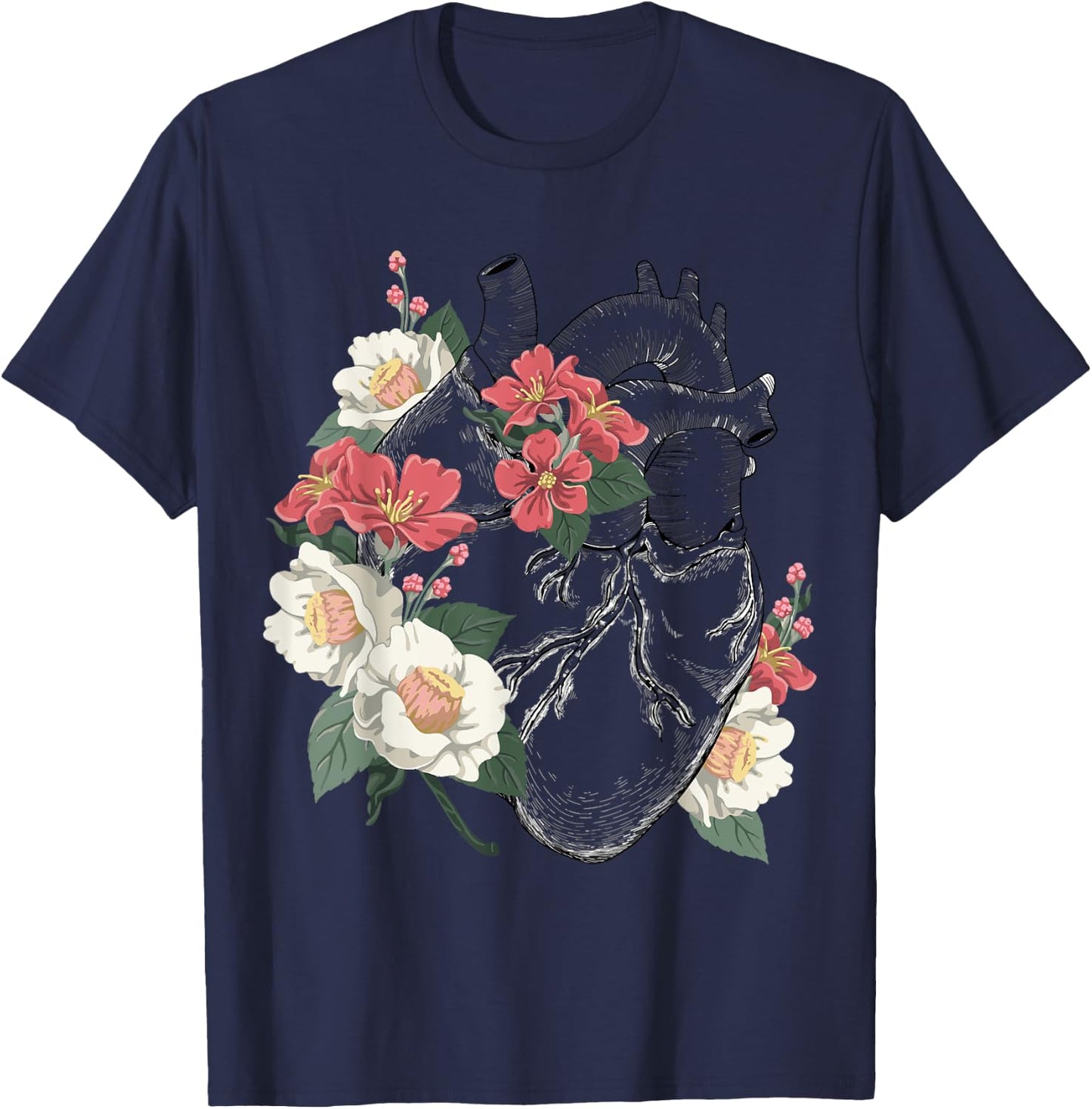 Anatomical Heart and Flowers Anatomy Heart Cute Cardiologist T-Shirt - T-Shirt | Navy