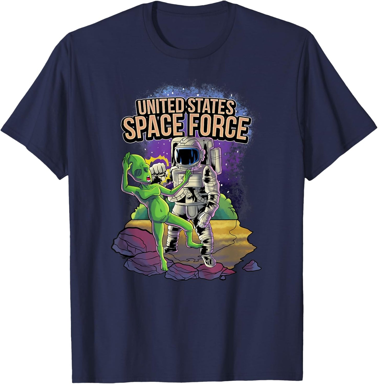 Funny Alien Punched By United States Space Force Astronauts T-Shirt - T-Shirt | Navy
