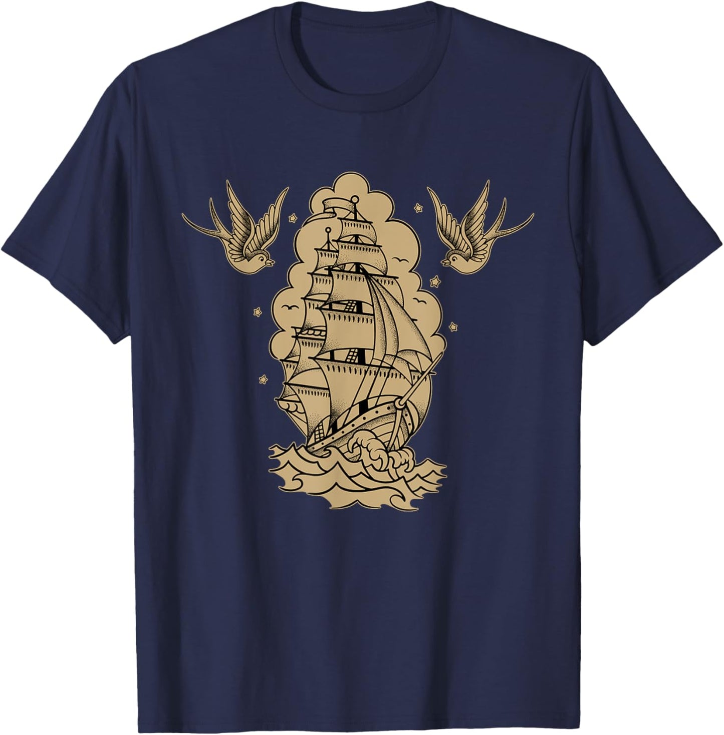 Old School Sailor Tattoo Clipper Ship and Swallows T-Shirt - T-Shirt | Navy