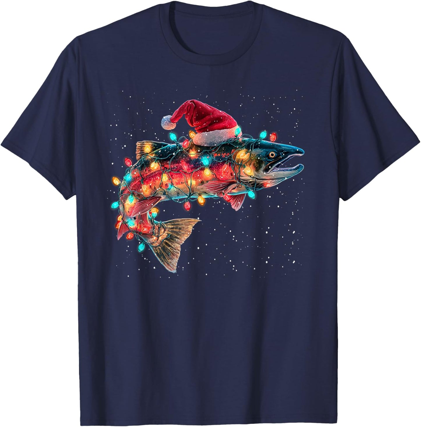 Christmas Trout Fish Funny Fishing Santa Hat Lights T-Shirt - T-Shirt | Navy