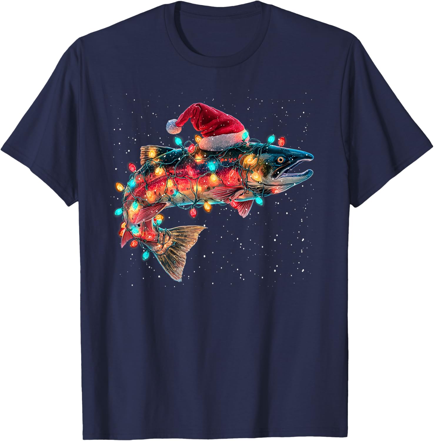 Christmas Trout Fish Funny Fishing Santa Hat Lights T-Shirt - T-Shirt | Navy