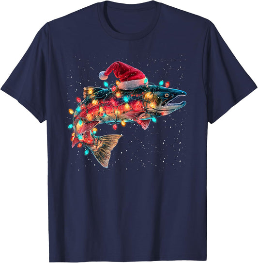 Christmas Trout Fish Funny Fishing Santa Hat Lights T-Shirt - T-Shirt | Navy