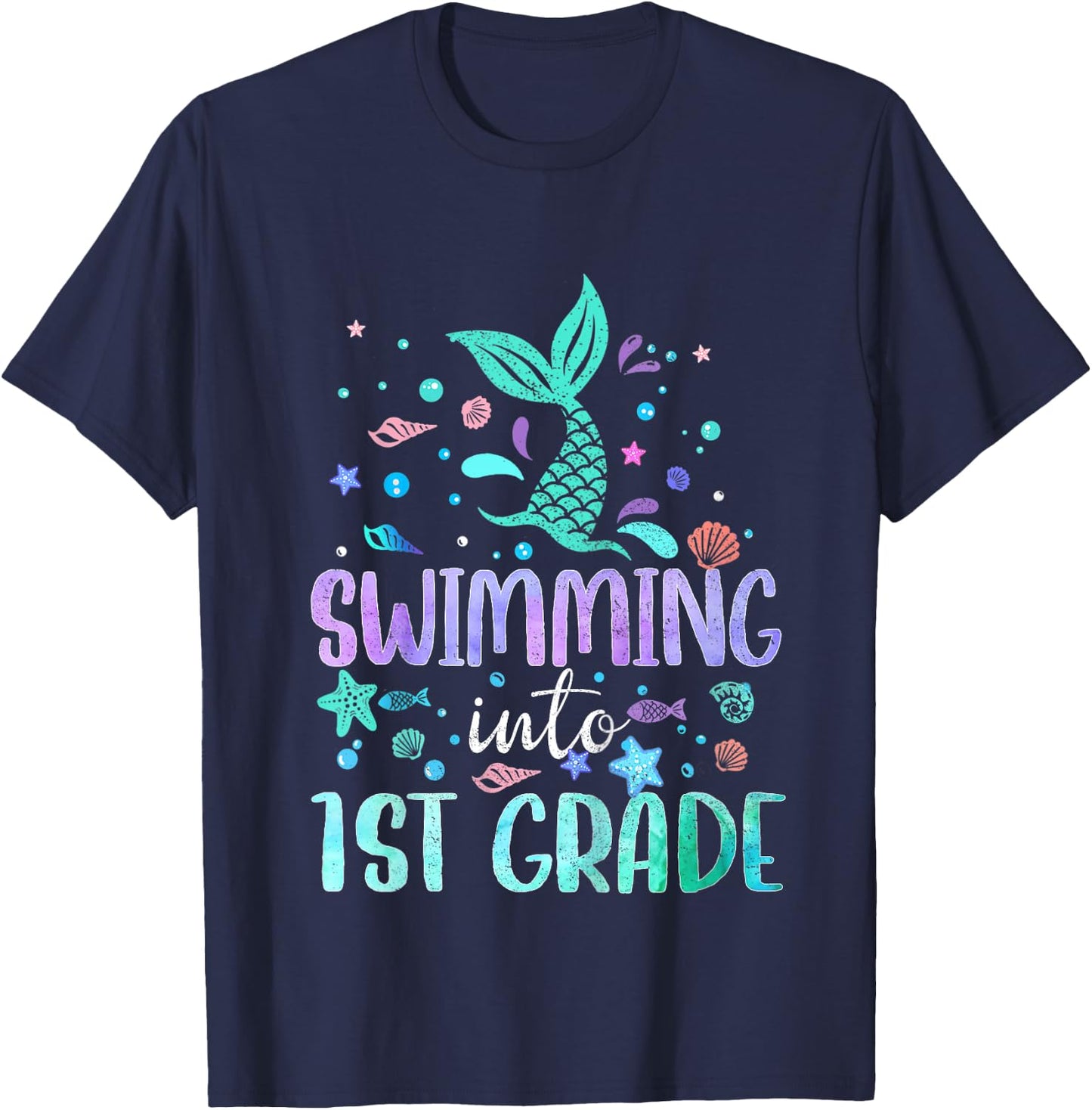 Swimming into 1st Grade Mermaid Student Girls Back To School T-Shirt - T-Shirt | Navy