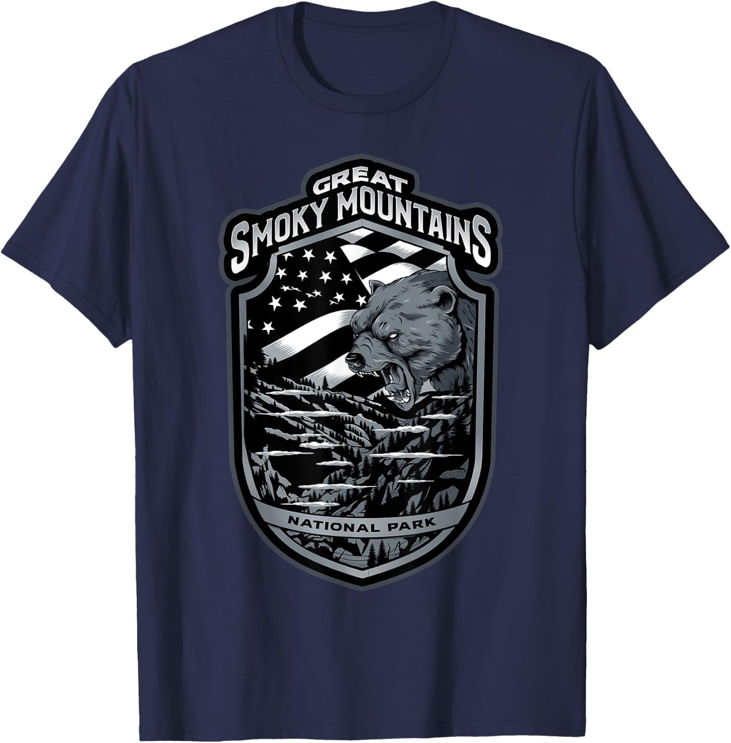 Great Smoky Mountains Vacation Souvenirs Gifts Bear USA Flag T-Shirt - T-Shirt | Navy