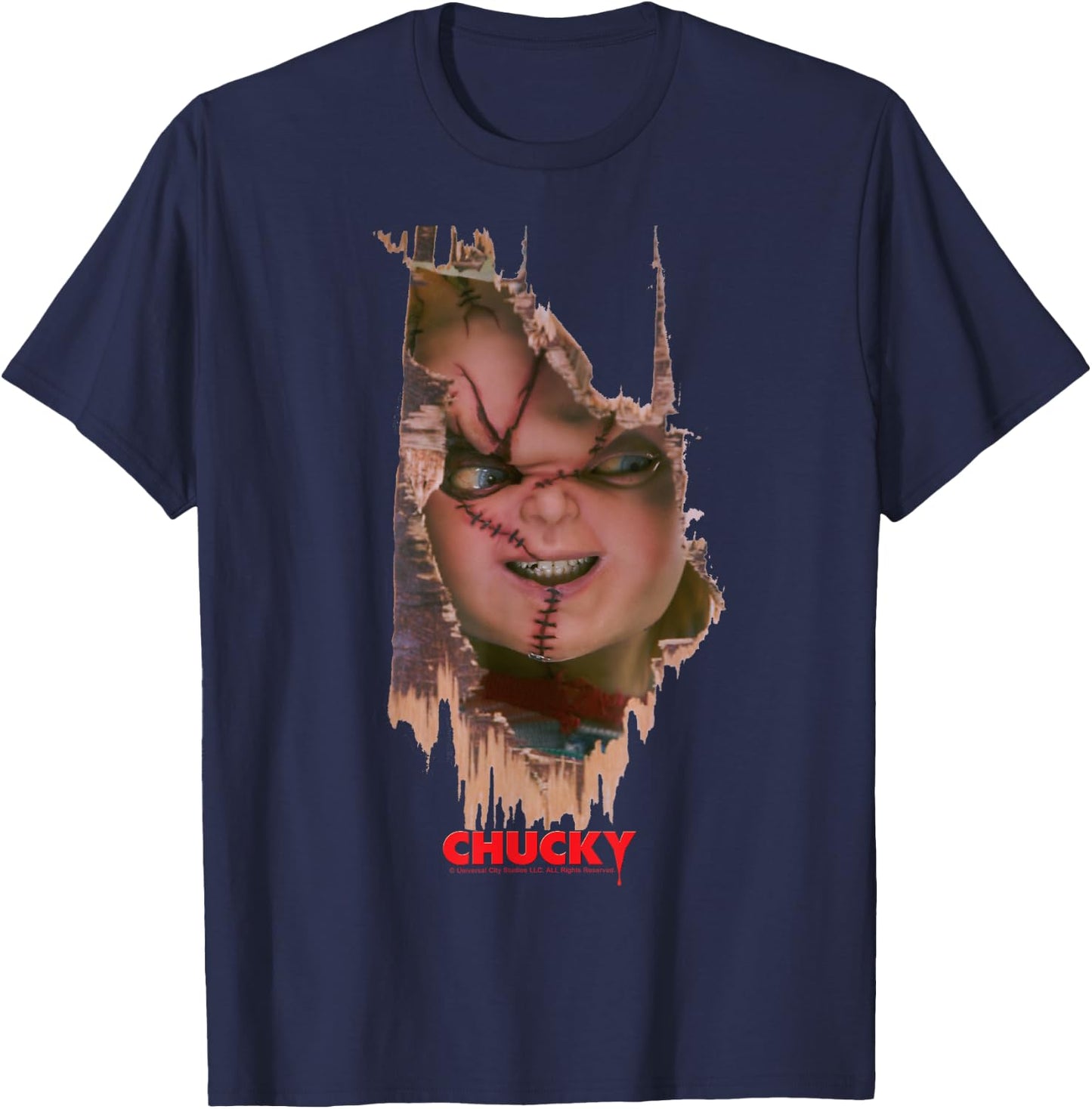 Child's Play Broken Door Here's Chucky Poster T-Shirt - T-Shirt | Navy