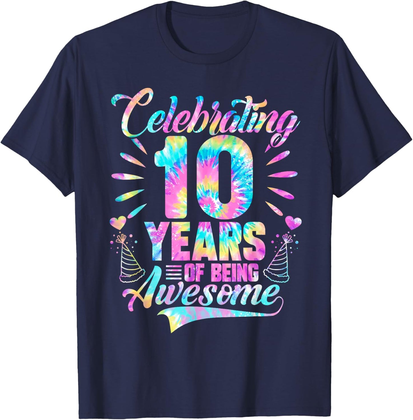 Celebrating 10 Year Of Being Awesome With Tie-dye Graphic T-Shirt - T-Shirt | Navy