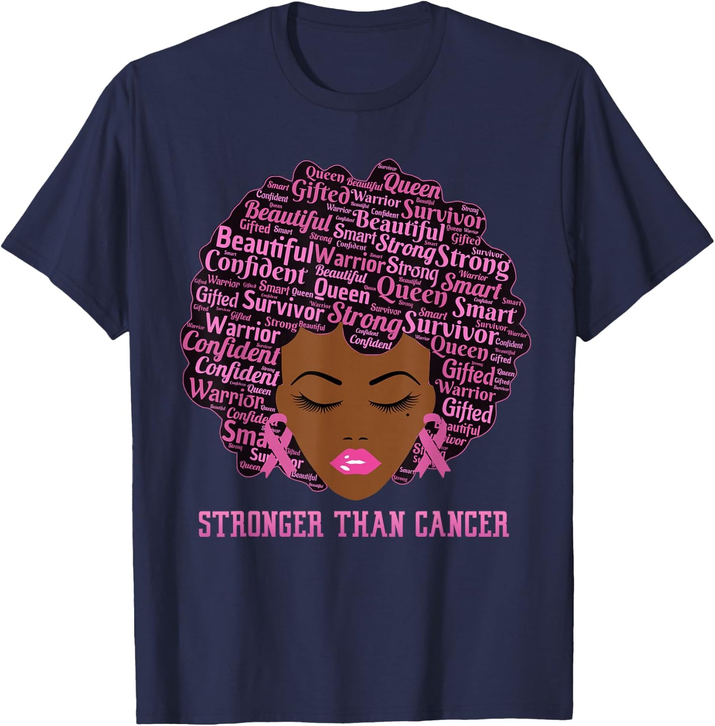 Black Women Queen Stronger Than Breast Cancer Pink Ribbon T-Shirt - T-Shirt | Navy