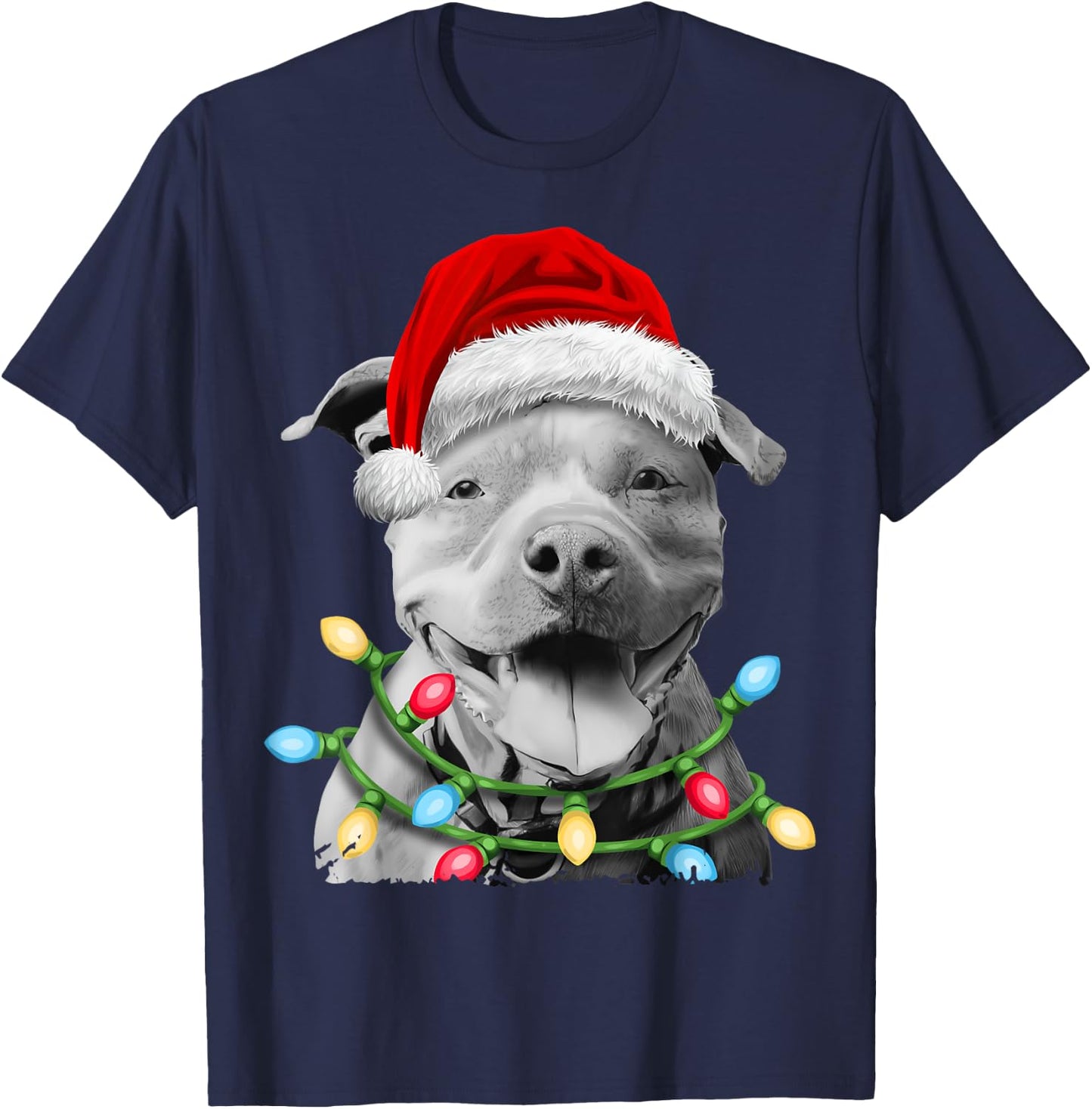 Pit Bull Santa Christmas Tree Lights Xmas Boys Dog Dogmas T-Shirt - T-Shirt | Navy