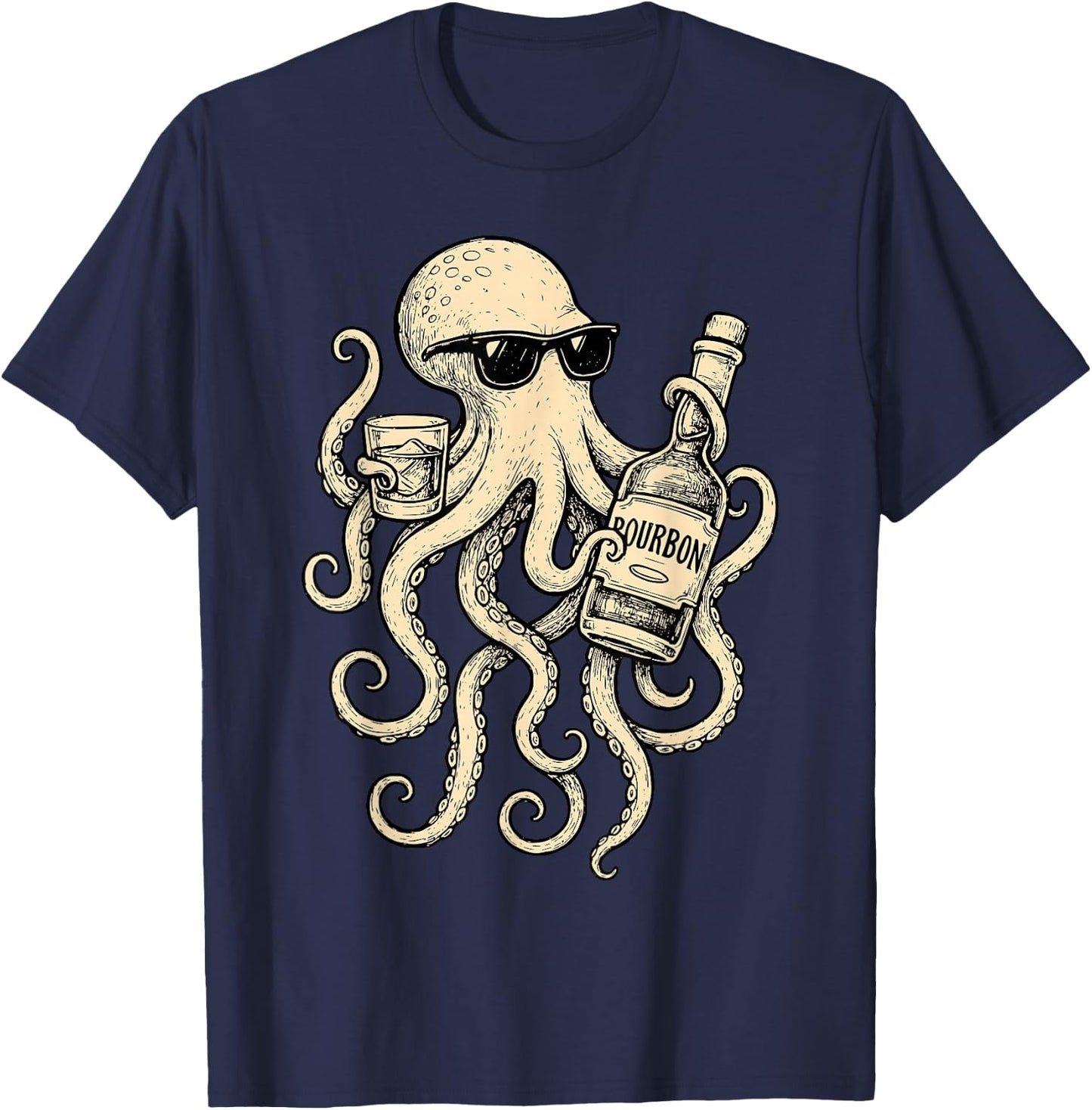 Vintage Octopus Drinking Bourbon Whiskey Bartending Drinker T-Shirt - T-Shirt | Navy