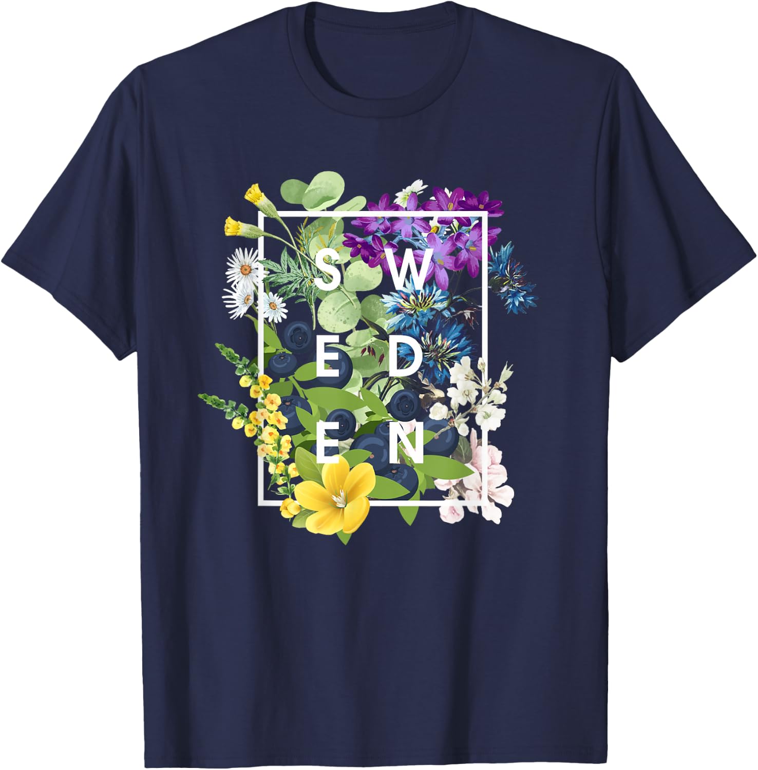 Flowers of Sweden Word Art - Swedish Pride T-Shirt - T-Shirt | Navy
