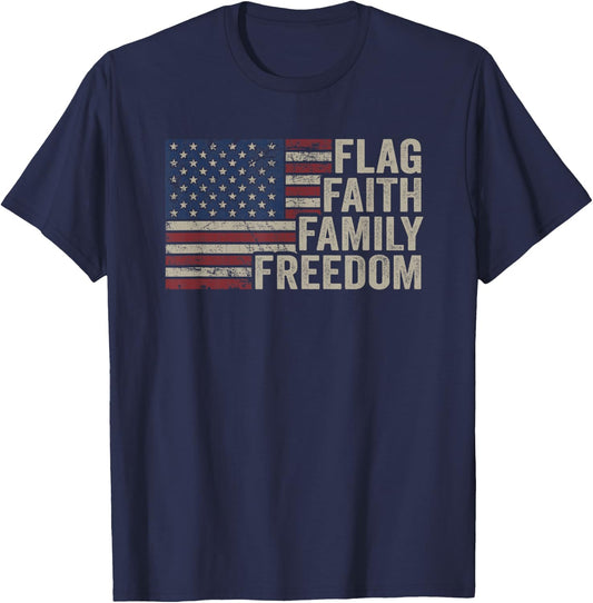 Flag Faith Family Freedom - Vintage Christian USA Flag T-Shirt - T-Shirt | Navy