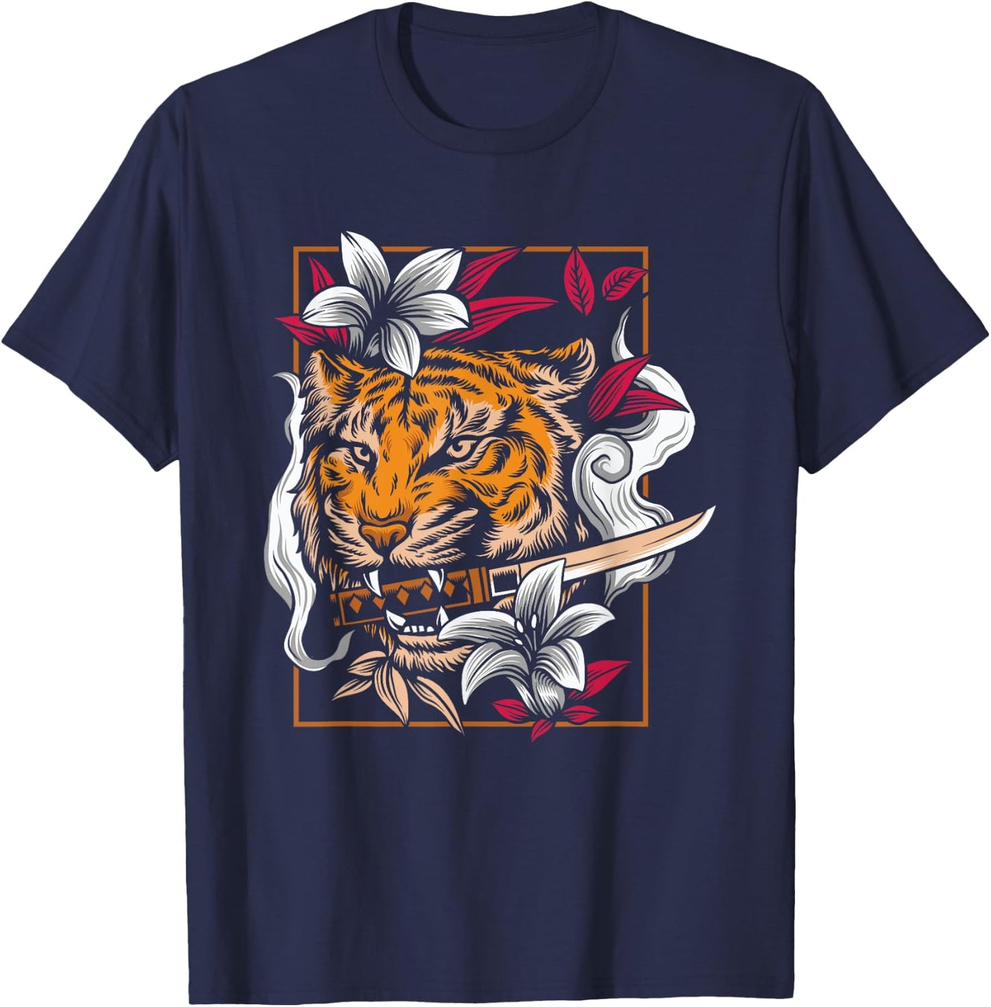 Dancing Tiger Japanese Asian Art Inspired Cartoon Graphic T-Shirt - T-Shirt | Navy