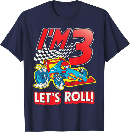 I'm 3 Let's Roll Race Car Driver 3rd Racing Birthday Party T-Shirt - T-Shirt | Navy