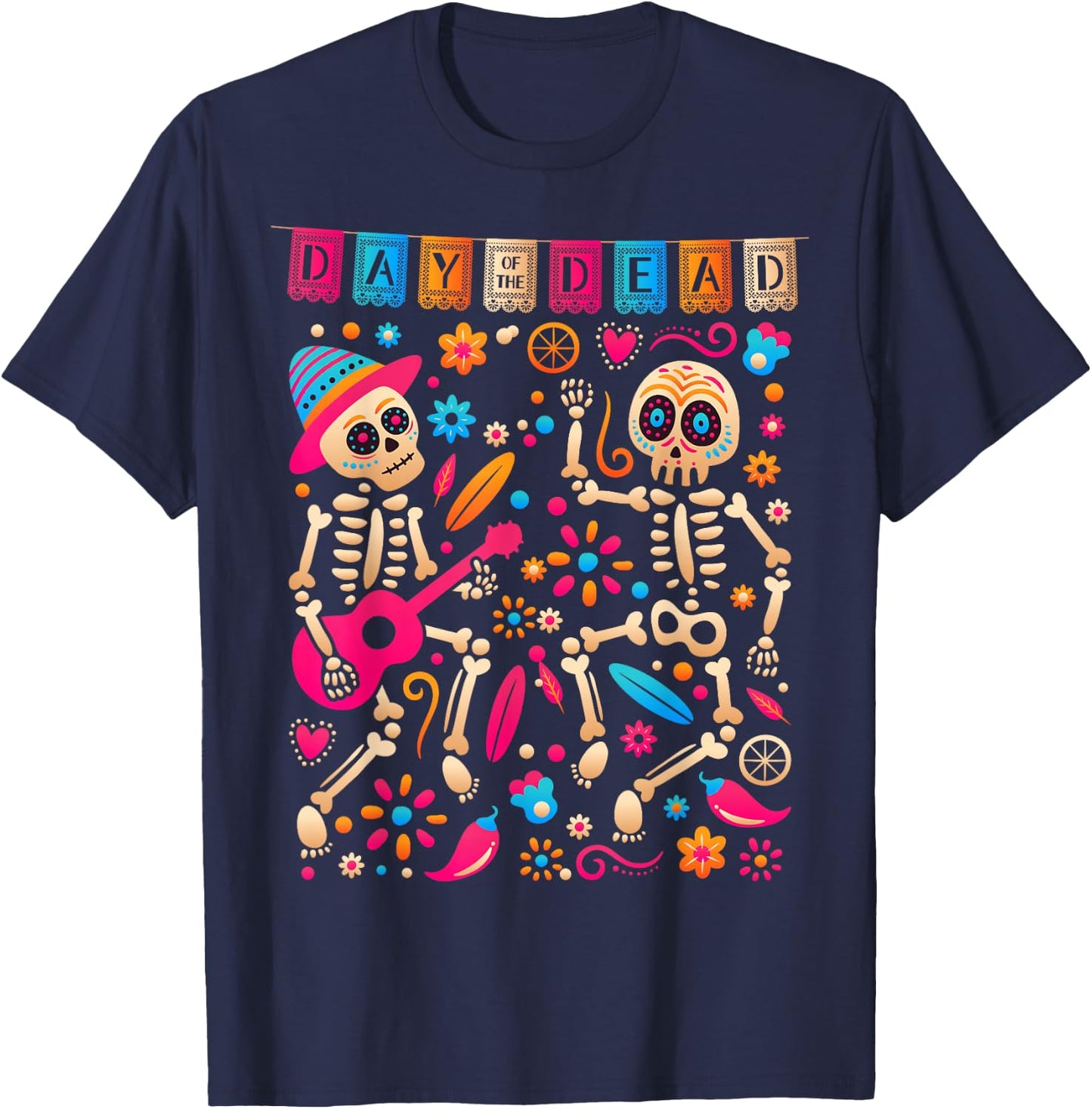 Colorful Dancing Mexican Skeletons - Cute Day Of The Dead T-Shirt - T-Shirt | Navy