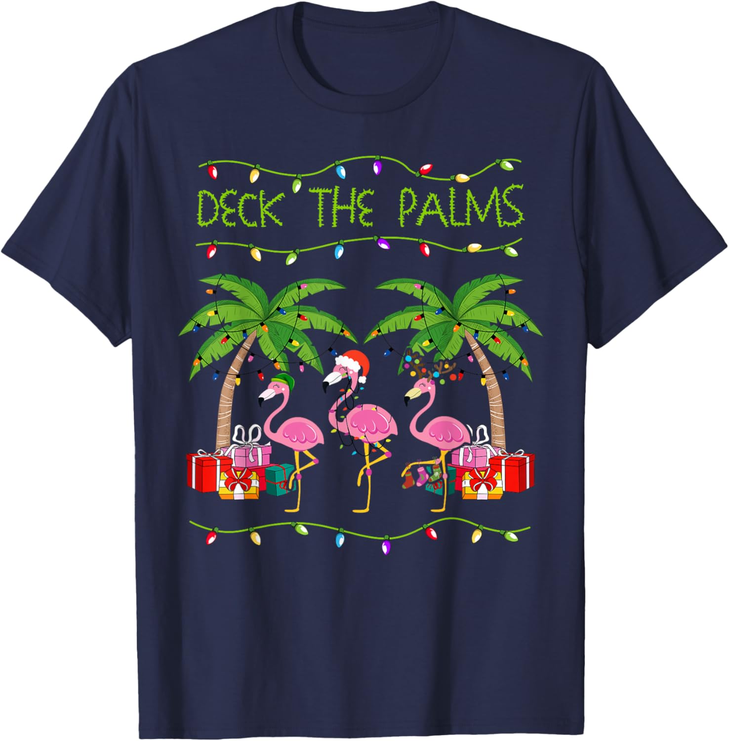 Funny Deck the Palms Merry Flamingo Christmas In July Idea T-Shirt - T-Shirt | Navy