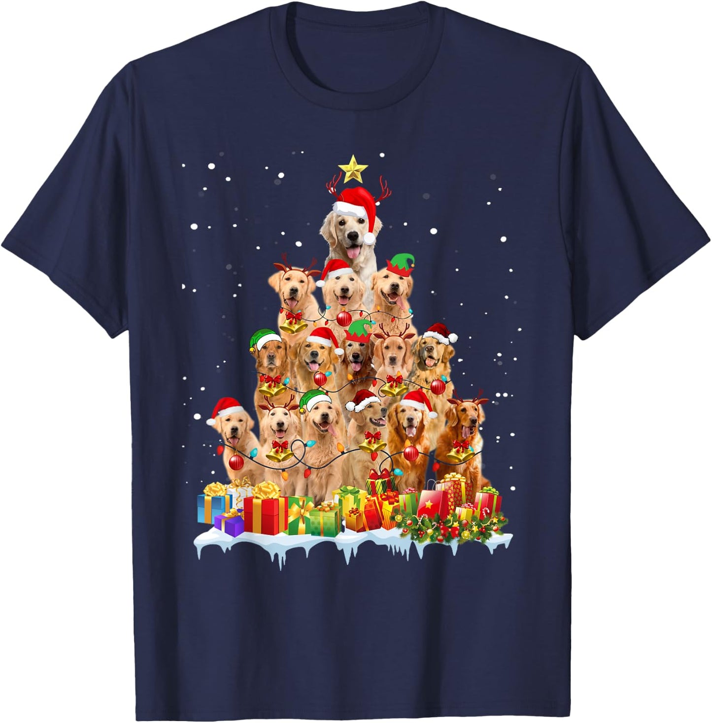 Golden Retriever Christmas Tree Matching Pajamas Dog Lovers T-Shirt - T-Shirt | Navy