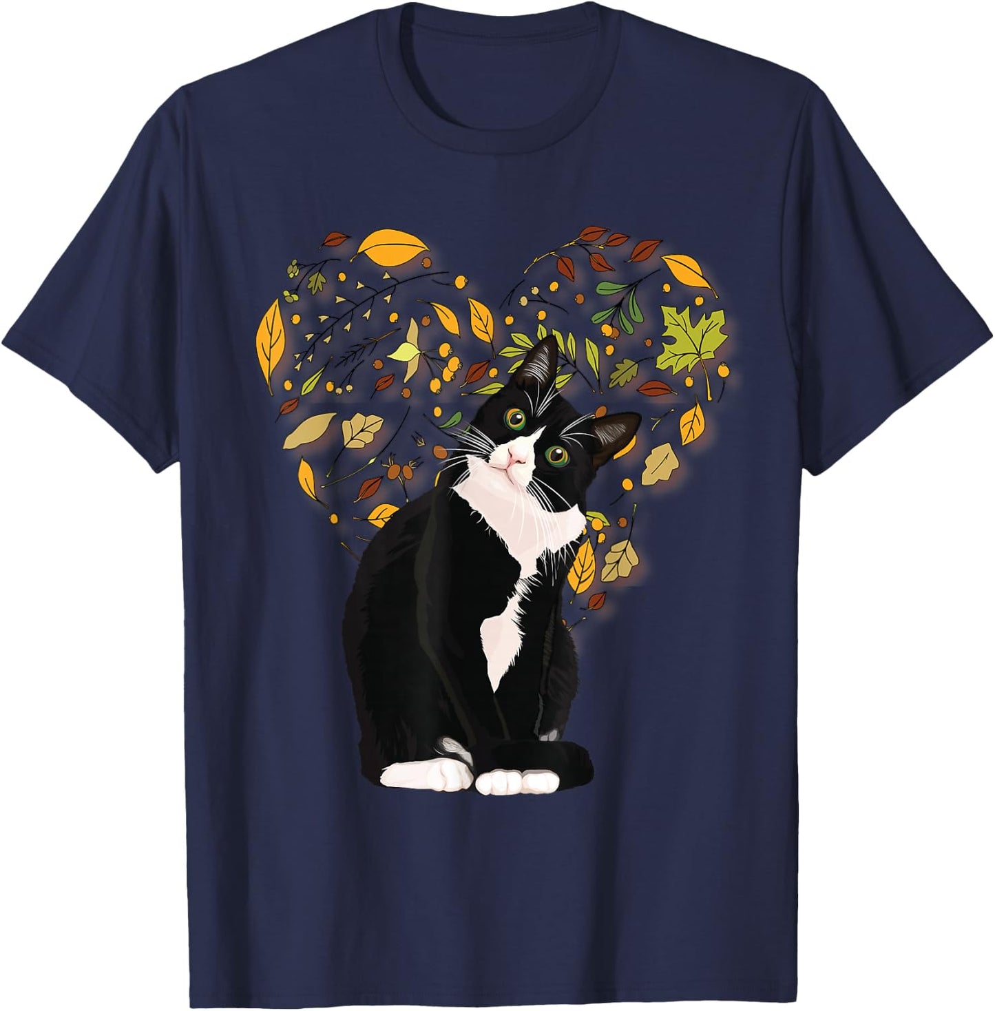 Tuxedo Cat t Shirt Gift Autumn Fall Leaves Black and White T-Shirt - T-Shirt | Navy