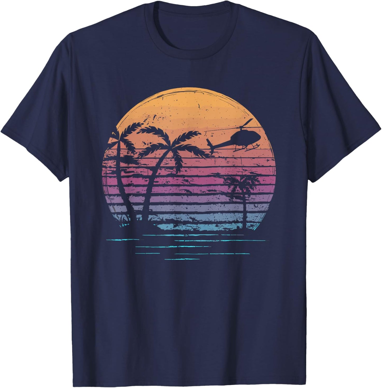 Aviator Helicopter Pilot Vintage Retro Palm Tree Sunset T-Shirt - T-Shirt | Navy