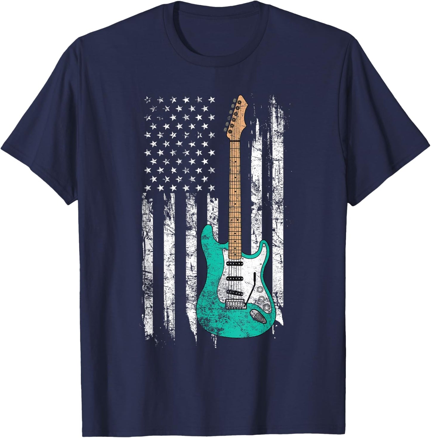 Vintage Guitar - American US Flag T-Shirt - T-Shirt | Navy